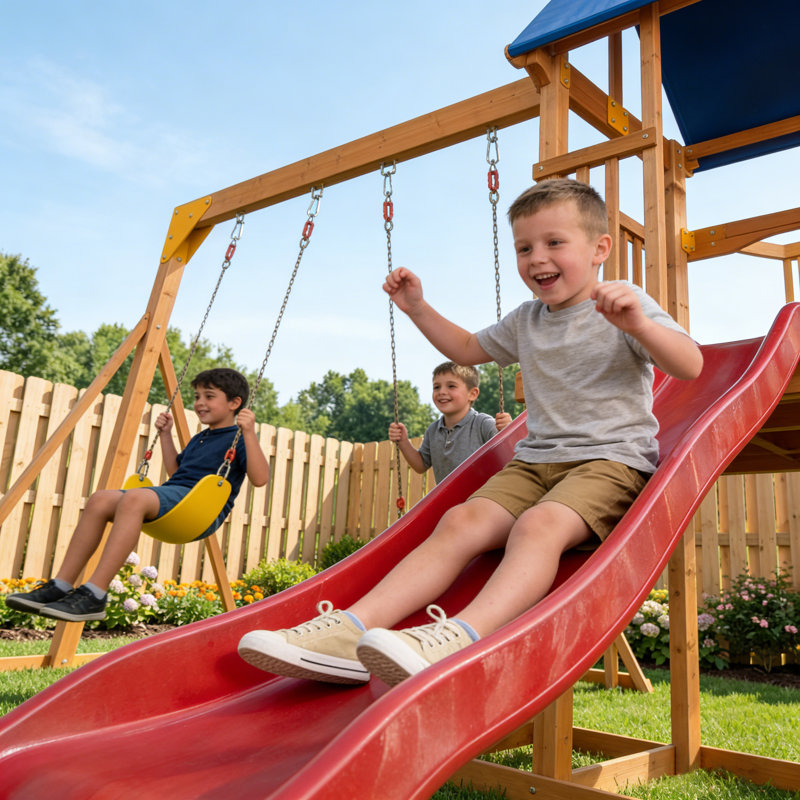 SuniBoxi Wooden Playground Sets for Backyard, Swing Sets with Monkey Bars, 2 Belt Swing, Wave Slide, Rock Climb Ladder for Age 3-6 outdoor play