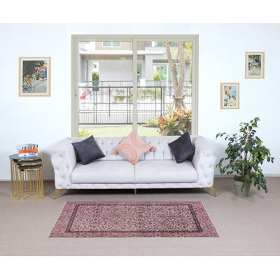 Petit tapis turc fait à la main rose clair 3,5 x 6,5 pi avec motif floral