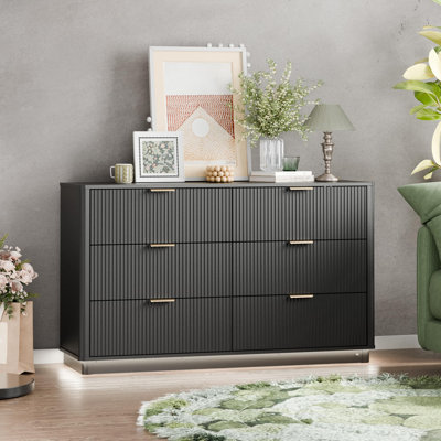 Commode cannelée de 54 po de largeur avec éclairage, commode pour chambre à coucher avec 6 tiroirs