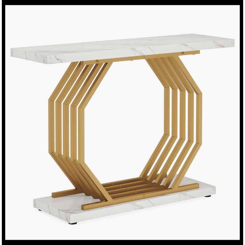 Faux Marble Console Table, 40" Accent Sofa Table With Geometric Metal Base, White/Gold