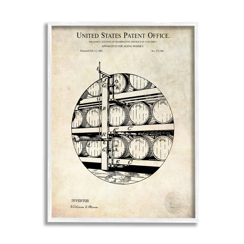 «Whiskey Aging Barrel», diagramme détaillé en brevet par Karl Hronek - impression, Plaque murale, L 16 po x H 16 po