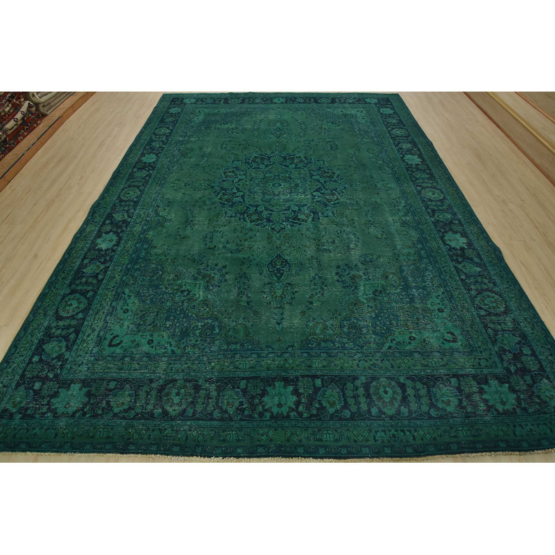 Tapis noué à la main en laine vert 9 pi 8 po x 12 pi 5 po Mashad