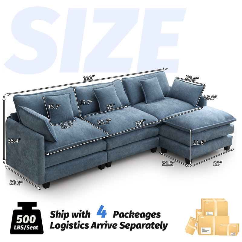 Chenille Upholstered Sectional Sofa Couch with Ottoman, 4, Blue