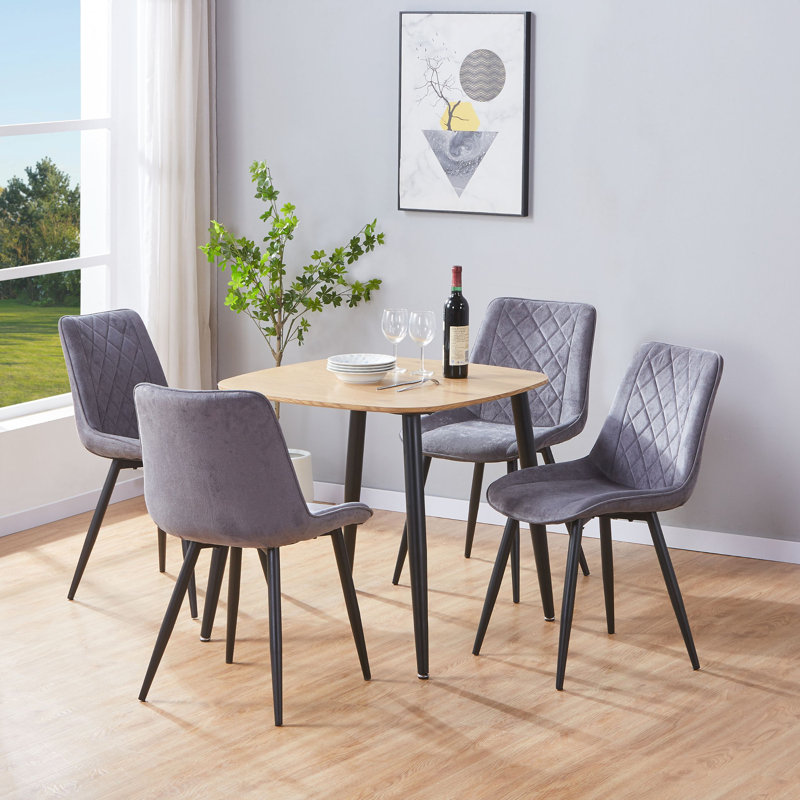 Aspen 5-Piece Casual Dining Set - Square Dining Table & Four Upholstered Diamond Fabric Chairs, Grey, Light Oak