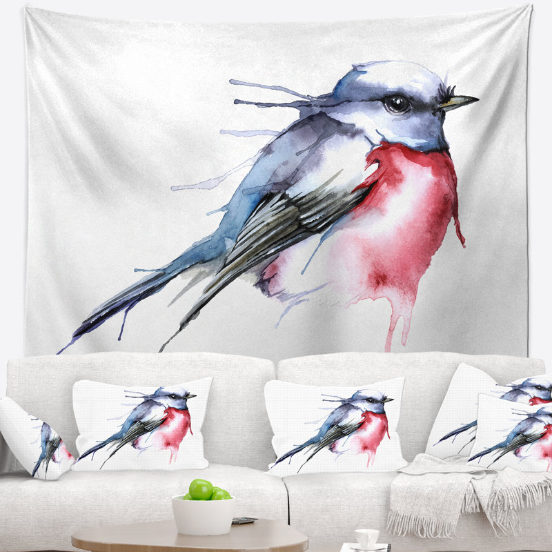 Aquarelle animal oiseau tapisserie bleu et rouge, H 32 po x l 39 po