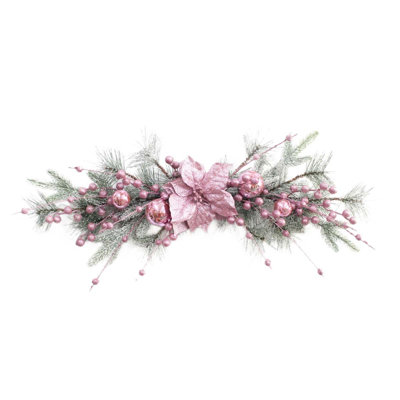 Christmas Swag For Front Door, 27.55In Pink Winter Christmas Wreath With Pink Poinsettia, Xmas Balls, Berries Christmas Teardrop Swag For Door Wall Window Fireplace Mantel Stair Xmas Home Decor