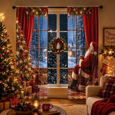 2Pcs Christmas Scene Window Curtains, Winter Snow Forest Santa Claus Reindeer Home Decor Curtains For Living Room Bedroom Kitchen Window Drapes, Light Filtering Rod Pocket Curtains, Machine Washable