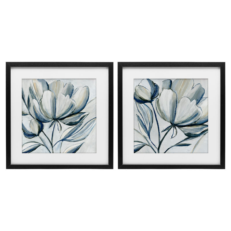 Ensemble de 2 tulipes grises brossées, impression sous verre, par Hannah Dawson, Cadre noir minuit, H 16 po x l 16 po
