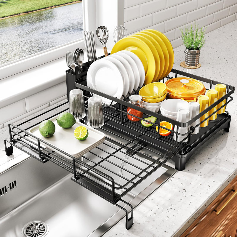 Extendable Dish Rack, Large Sink Drying Dish Drainer For Kitchen Counter, Matte Black
