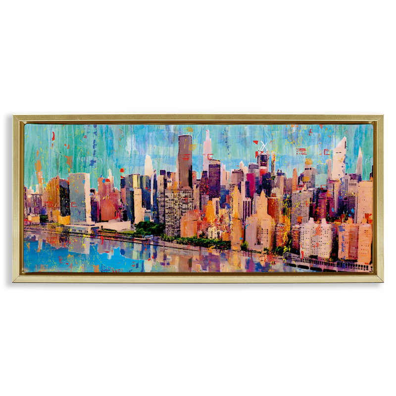 Cadre flottant Roosevelt Island Reflection, design par Porter Hastings, H 11 po x l 25 po, Cadre flottant métallique doré