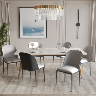 Ensemble de salle à manger 7 pièces avec table de salle à manger rectangulaire en pierre frittée de 55 po et 6 chaises de salle à manger rembourrées