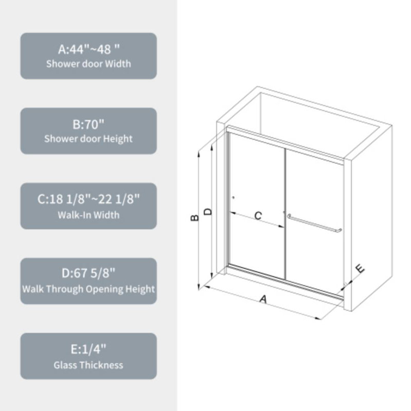 44-48" W x 70" H Framed Shower Door Double Sliding Door with 1/4" (6mm) Clear Tempered Glass, 2 Towel Bars for Walk-in Bathroom, Chrome Finish Shower Doors, Reversible Installation