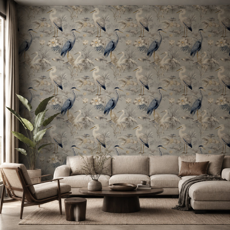 Papier peint botanique rétro héron et lotus en gris et bleu