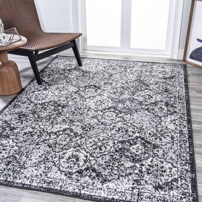 Modern Persian Boho Vintage Trellis Black/Ivory Rug, Rectangle 4' x 6'