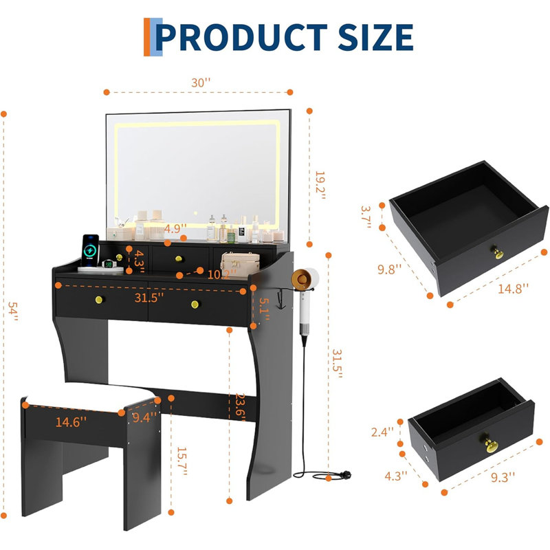 31.5" Vanity Desk with LED Mirror & Power Outlet, 3 Lighting Modes, Storage Drawers & Stool for Bedroom, Black