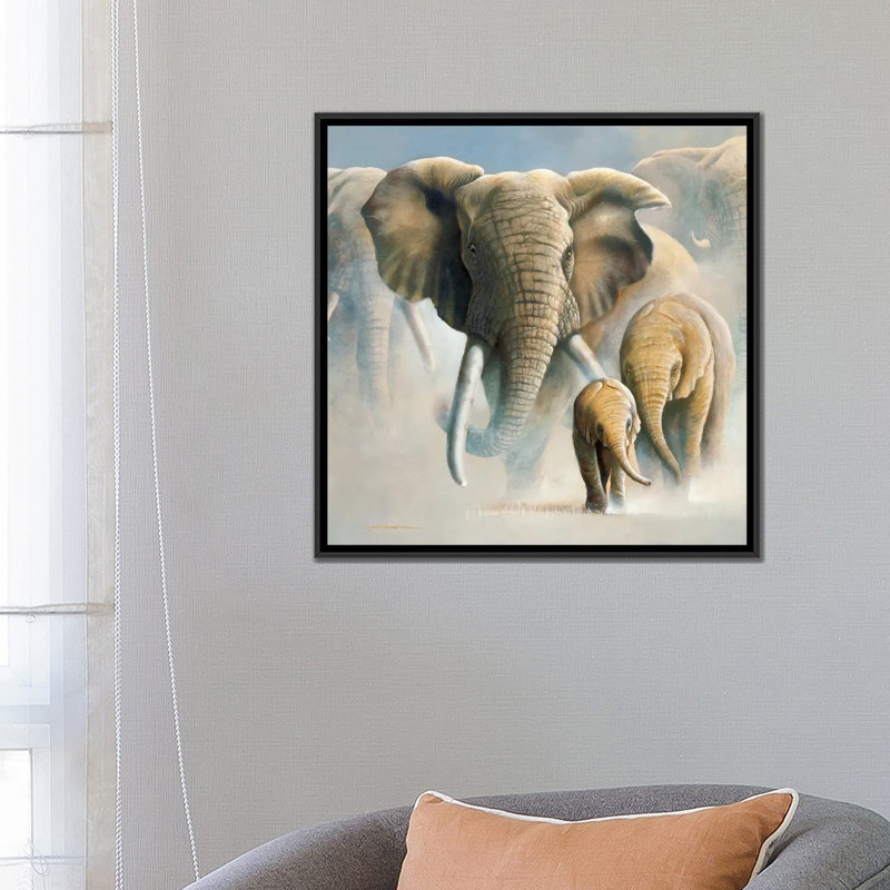 « running éléphants ii », impression sur toile, H 18 po x l 18 po x P 1,5 po, Toile avec cadre noir, Pas de tapis