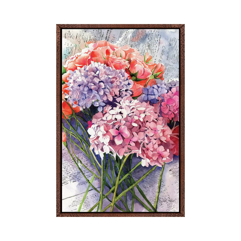 Sunday Hydrangeas by Rachel Parker - Painting on Canvas, Classic Brown Wood Framed, 66.04cm H x 45.72cm W x 3.81cm D