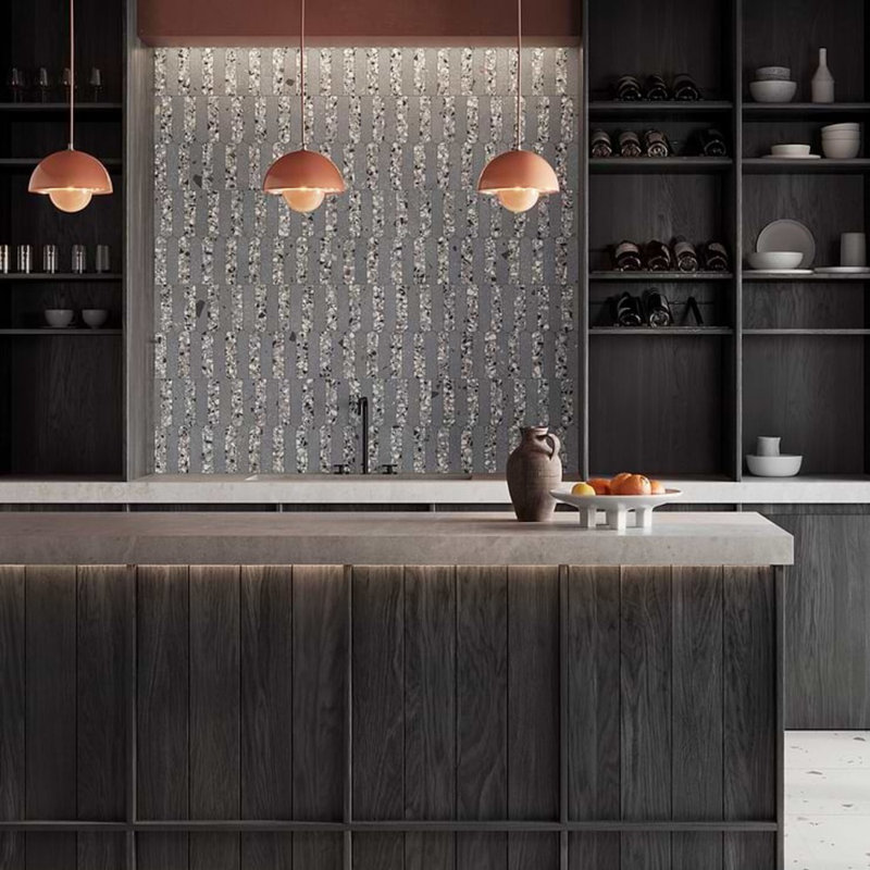 Kobe 2x8 Fish Scale Matte Terrazzo Look Porcelain Mosaic Tile, Charcoal Gray