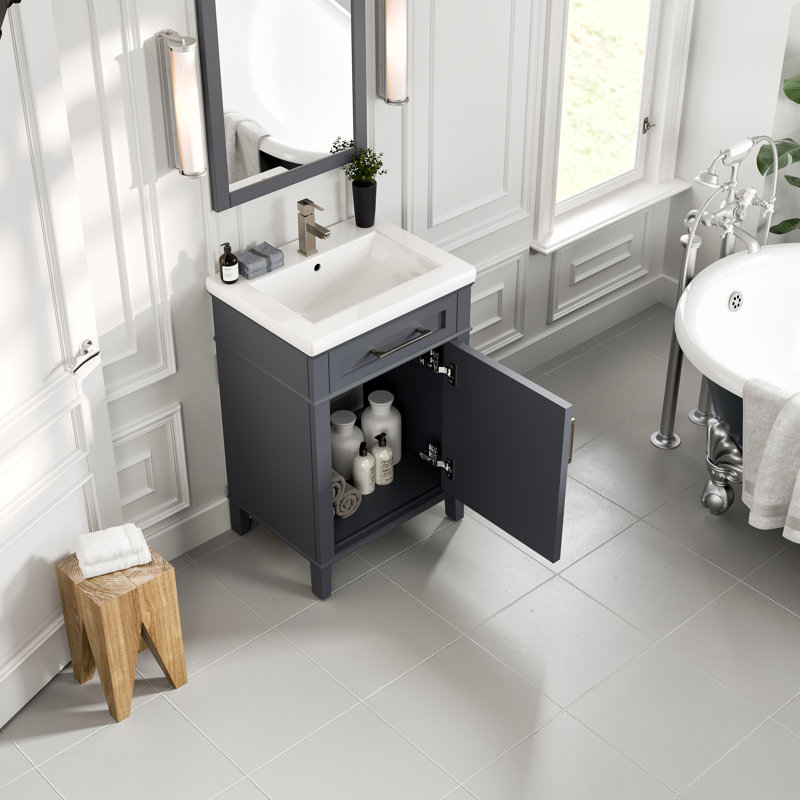 Imanii 24 Inch Transitional Dark Grey Style Bathroom Vanity With Porcelain Top, Gray
