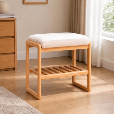 Natural Solid Beech Wood Shoe Storage Bench with Beige Upholstered Cushion and 2 Tier Shelves for Entryway Bedroom and Living Room