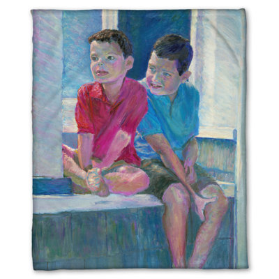 Coral Fleece Blanket, Boys in Window by Robert Blehert