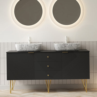 Meuble-lavabo de 60 po avec éviers, armoire de rangement autoportante en contreplaqué avec pieds dorés, 3 tiroirs et 2 portes, 2 vasques en céramique à motif de marbre blanc et plateau en pierre frittée, noir
