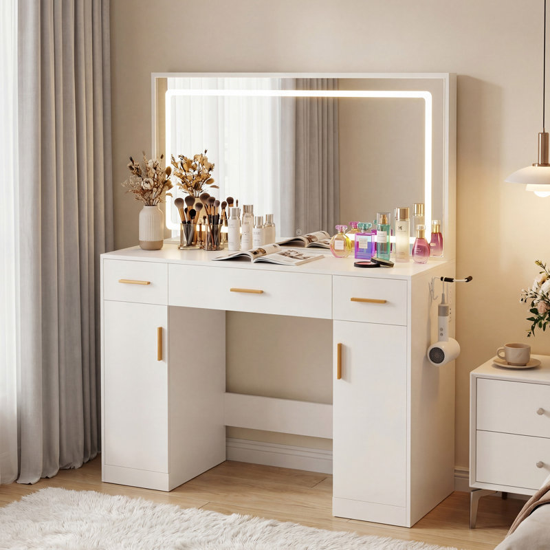 Meuble-lavabo avec miroir lumineux à DEL et prise de courant Horicon, table de maquillage avec tiroirs et armoire