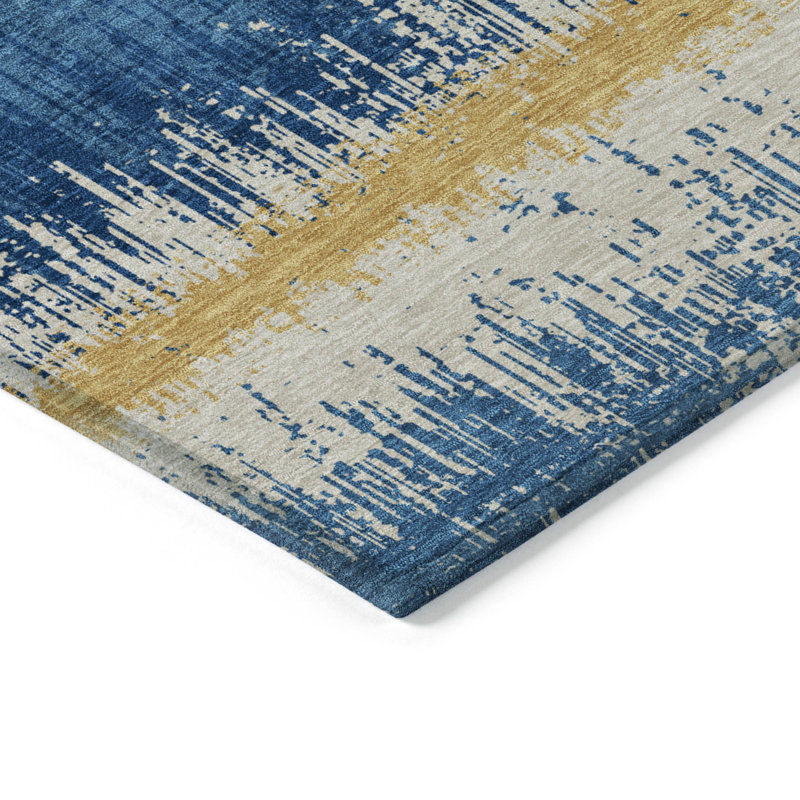 Navy and Gold Flat Woven Synthetic 5' x 7' Rug