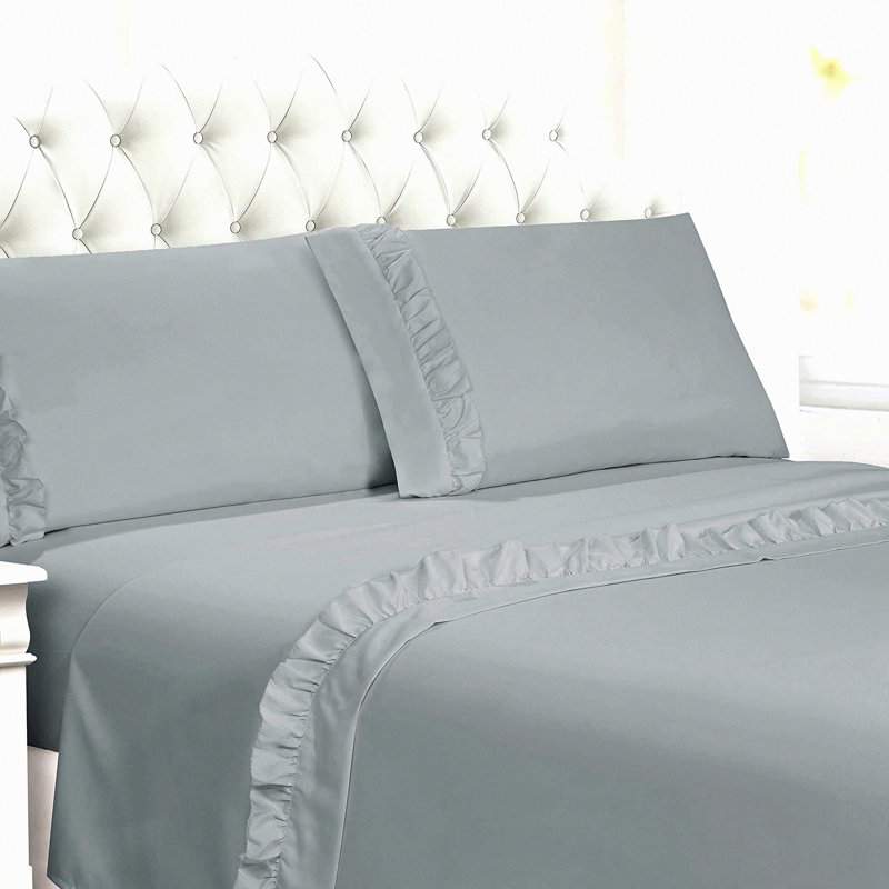 UltraSoft Ruffled Hem Microfiber Sheet Set - Wrinkle Resistant 3-Piece Bedding - Easy Fit Double Brushed Durable Grey Sky - Luxe Linens