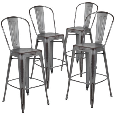 Commercial Grade Distressed Metal Indoor-Outdoor Counter Height Stool with Back