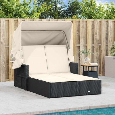 Vidaxl Double Sun Lounger With Canopy And Cushions Grey Poly Rattan