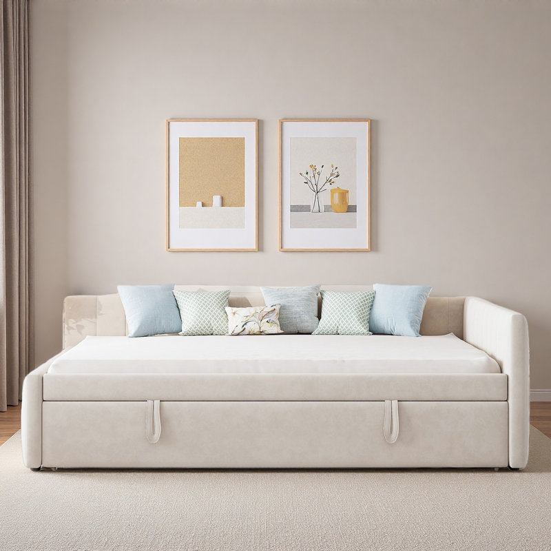 Upholstered L-shaped Daybed With Pop Up Trundle And Vertical Stripe Patterns