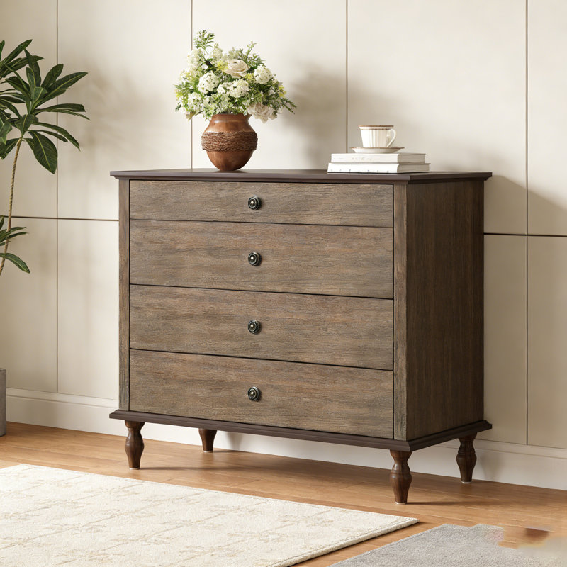 Large 4-Drawer Chest With Solid Wood, Brushed Deep Brown Finish, And Metal Knobs For Bedroom And Nursery, Deep Rustic Brown