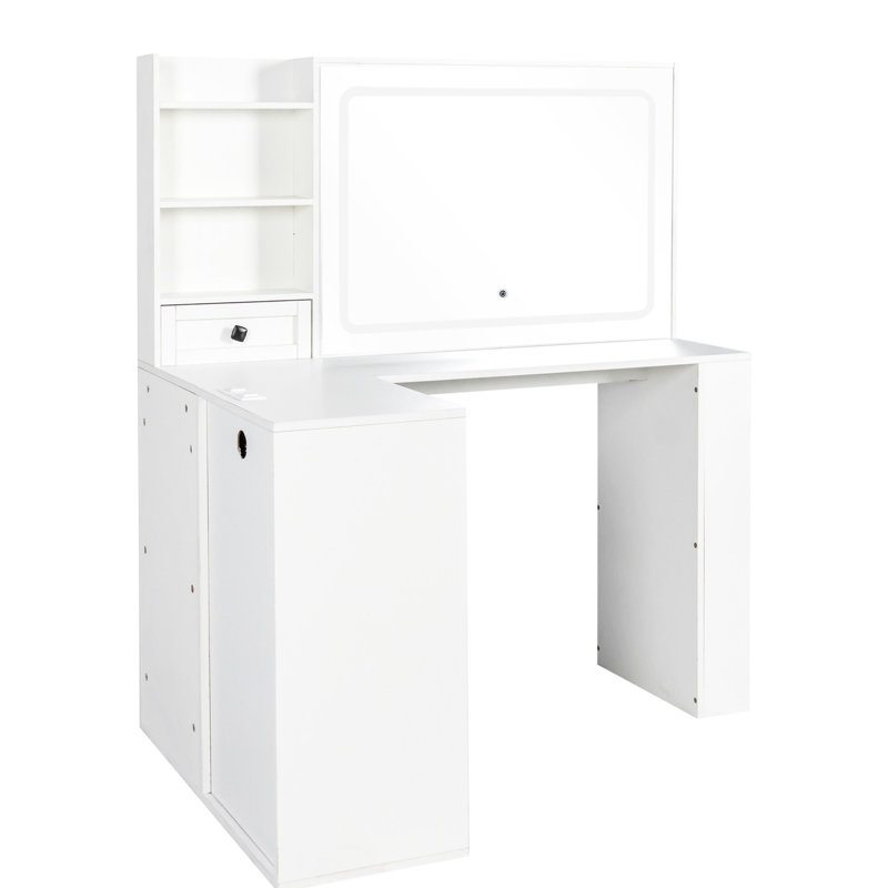 Coiffeuse avec lumières réglables, 3 grands tiroirs et bureau d'apparence blanche avec 7 tablettes ouvertes