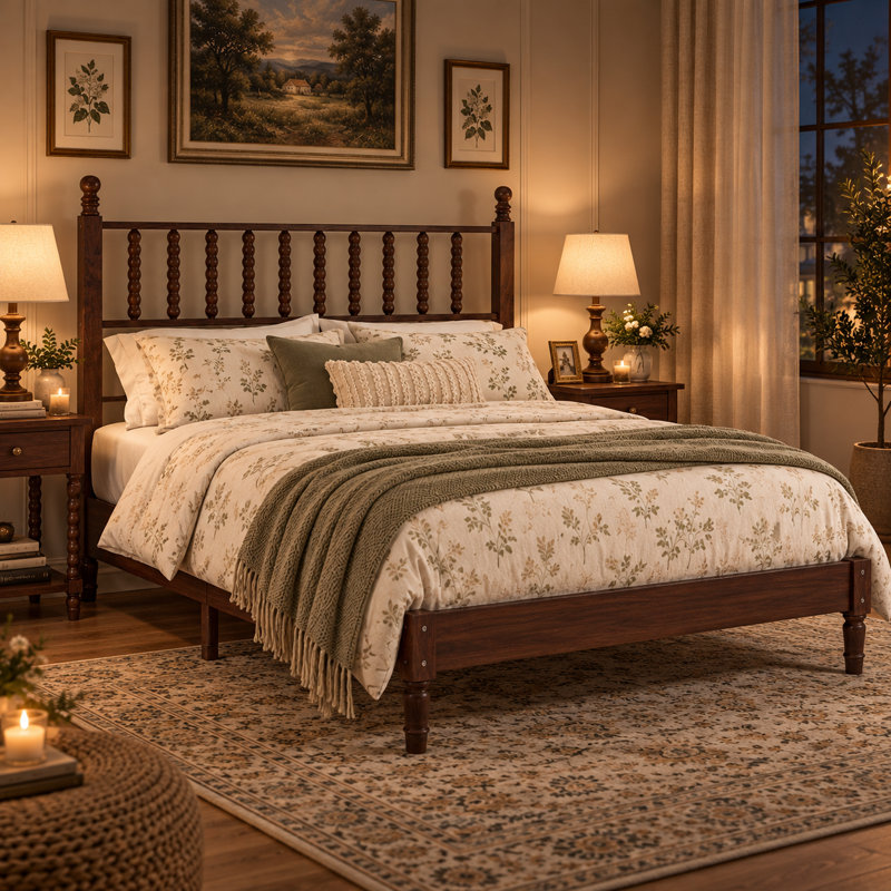 Lit plateforme en bois Afore Queen Size avec tête de lit en forme de gourde, capacité de 227 kg