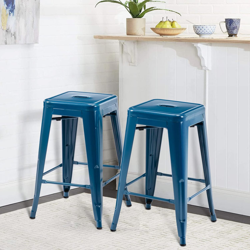 Almodovar 24" 24 Inch Metal Bar Stools, Backless Counter Height Barstools, Stackable Stools with Square, Indigo Blue