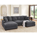 5-Pieces Corduroy Sectional With Wooden Legs And Headrests