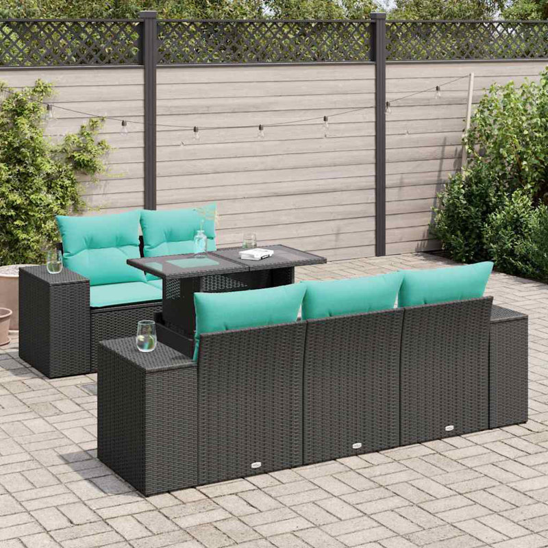  Ensemble de canapé de patio 6 pièces avec coussins en rotin polyacacia, Noir, Vert
