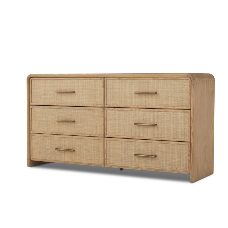 Commode 6 tiroirs en chêne et canne naturel Gasaway, Tanné