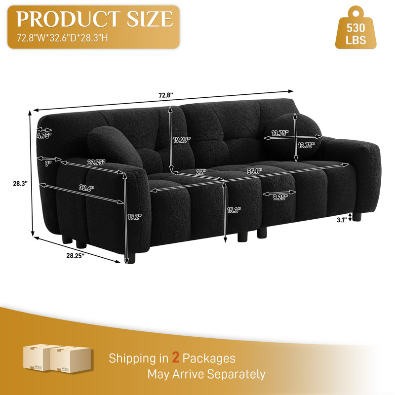 73'' Tufted Sofa Couch Plush Loveseat Sofa, Black