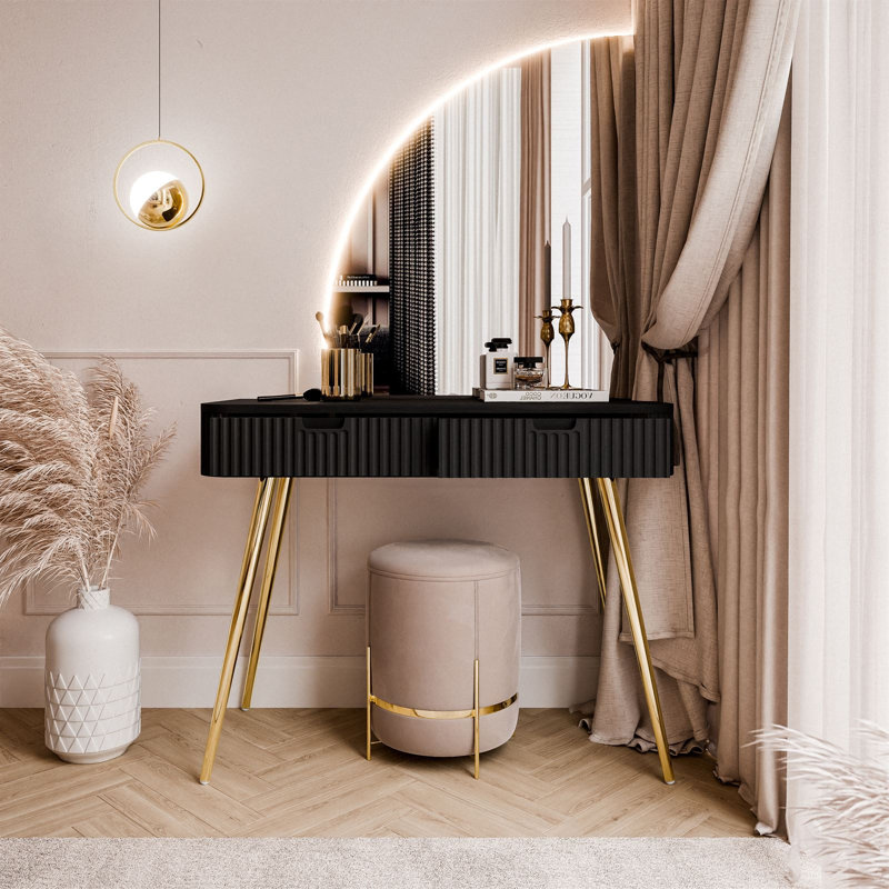 -QS dressing table with LED mirror, Black/Gold