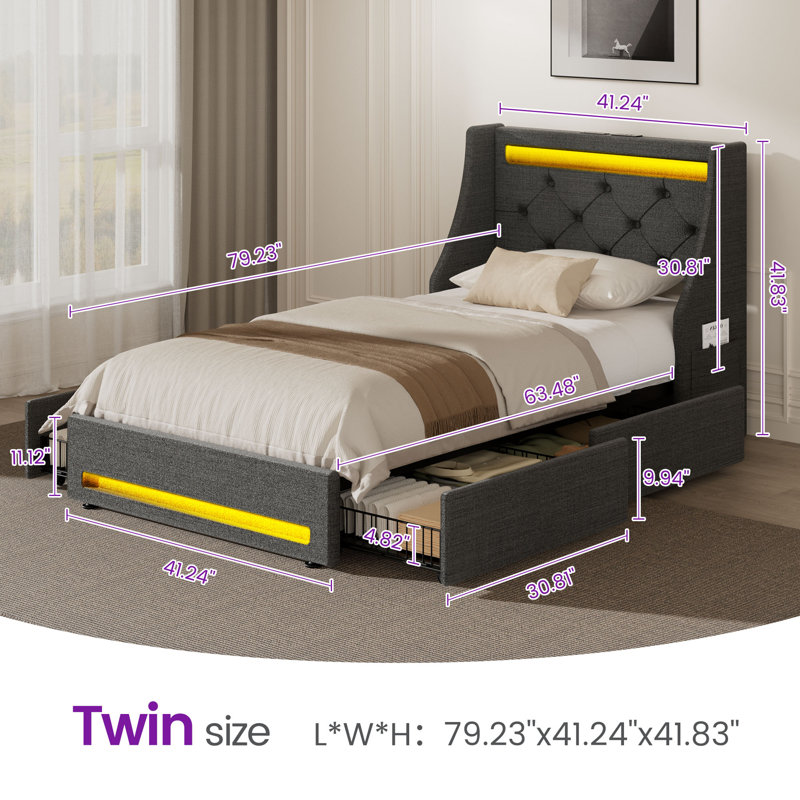 Upholstered Platform Bed Frame with Wingback Headboard & LED Lights& 4 Storage Drawers, Twin/Single, Dark Gray
