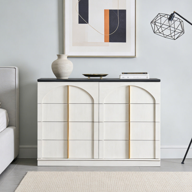 Commode moderne 8 tiroirs, commode de chambre à coucher avec panneau arqué, Blanc