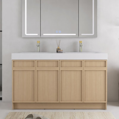 60" Freestanding Bathroom Vanity with White Resin Vanity Top & 4 Soft-Close Cabinet Doors