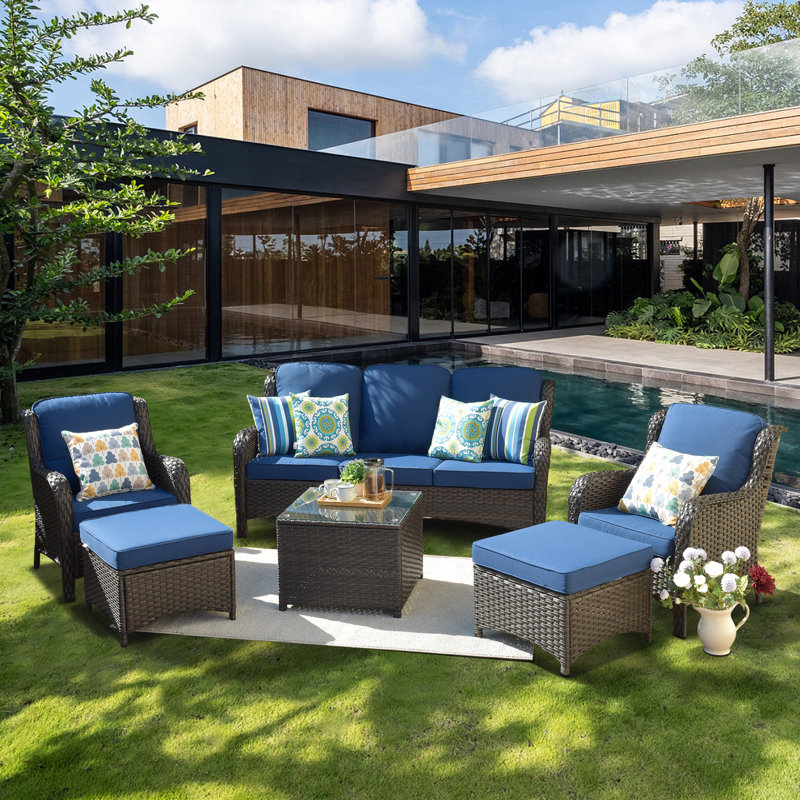 Amerissa 5 - Person Patio Conversation Set with Cushions, Brown, Blue