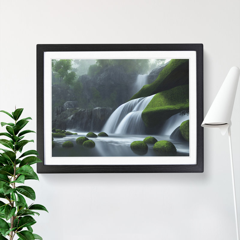 Reflective Waterfall - Single Picture Frame Print, Black Framed, 46cm H x 64cm W x 2cm D