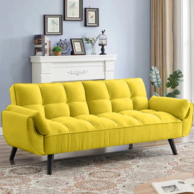 Esung75" Grid Tufted Futon Convertible Sofa Bed for Home Office, 2 Arm Pillows, Velvet by Corrigan Studio