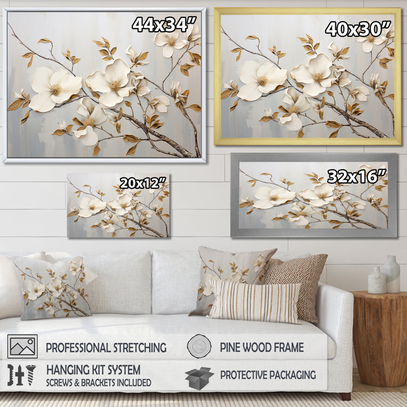 Art sur toile blanc et doré Dogwood Peacefulness, Cadre flottant doré, H 30 po x l 40 po x P 1,5 po