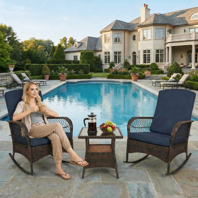 3-Piece Rocking Bistro Set, PE Wicker Outdoor Conversation Chairs with Cushions & Tempered Glass Table, Darkblue Rocking Chair Set for Porch Lawn Garden Backyard Deck