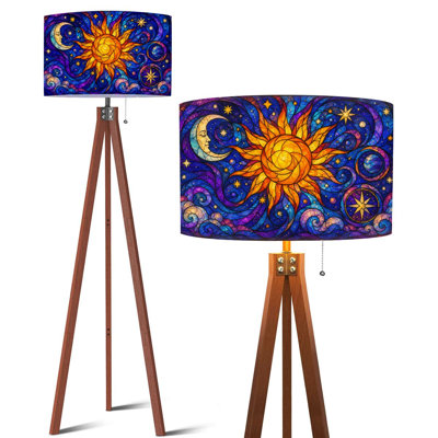 Tripod Standing Lamp Flowers Stained Glass Print Vibrant Green Leaves Art Remote Control Dimmable LED Floor Lamp Mid Century Beech Wood Legs Detachable Linen Drum Shade for Living Room Bedroom Home Office